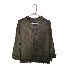 Lynn Ritchie Womens Green Purple Marled Knit Fringe Trim Cardigan Jacket Size M